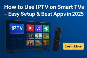 👉 Smart TV showing IPTV interface with colorful app icons and remote control – easy IPTV setup and best apps for 2025.