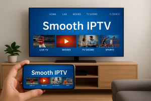 Smart TV and smartphone showing Smooth IPTV app interface with Live TV, Movies, and Sports categories, symbolizing buffer-free streaming for U.S. users.