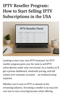 Laptop screen showing IPTV reseller panel and analytics dashboard for managing IPTV subscriptions.