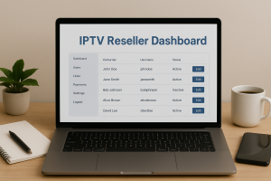 Laptop screen showing IPTV reseller panel interface for starting an IPTV business.