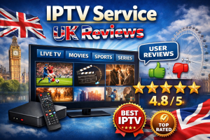 IPTV service UK reviews showing live TV, movies, sports, and series on a smart TV with UK landmarks, user ratings, and a 4.8 out of 5 review score.