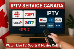 Smart TV showing IPTV Service Canada interface with Canadian channels CBC, TSN, and CTV, and person using a remote.