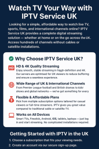 Get the best IPTV Service in the UK with HD/4K streaming, hundreds of channels, sports, movies, and fast, reliable servers. Affordable IPTV subscription plans for UK viewers. Start your free trial today.